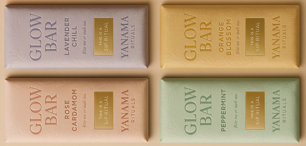 Four Yanama Rituals Glow Bar Cacao bar packages with different scents on a white background.